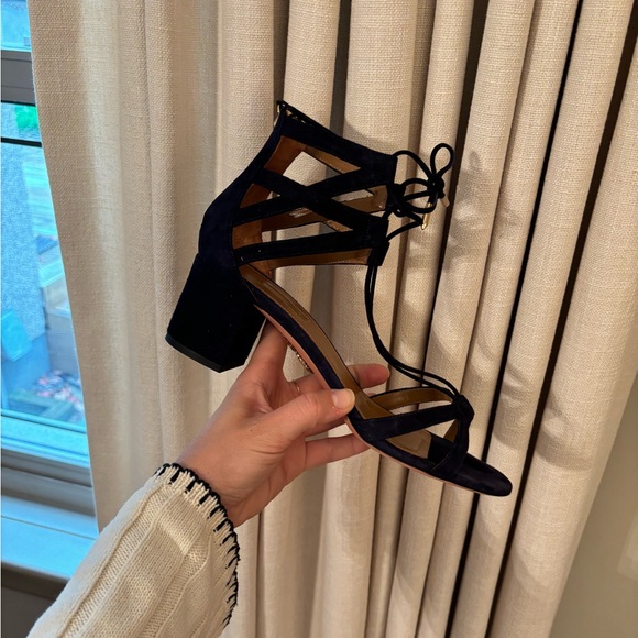 Aquazzura navy suede front tie block heels - Picture 2 of 4